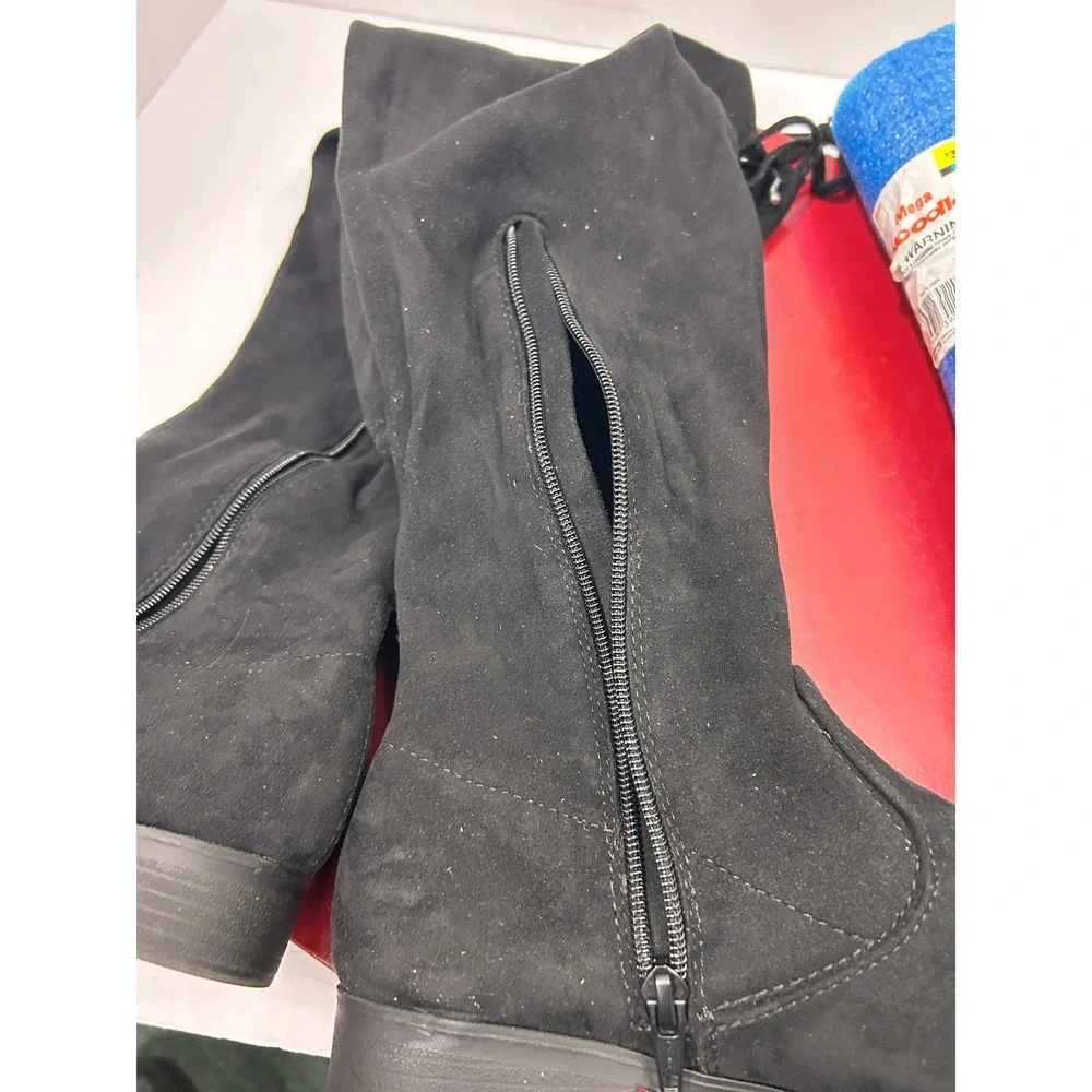 No Boundaries Suede OTK Boots 10 Black Lace Up Back Memory Foam Goth Minimalist
